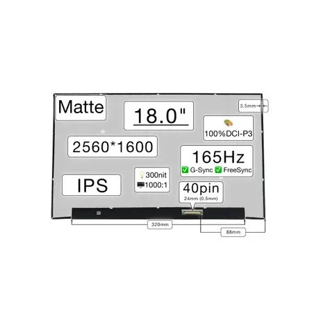 Матрица NE180QDM-NY1 18.0 IPS 165Hz FreeSync G-Sync 2560×1600 WQXGA 40pin 0.5mm Slim 3.5мм 300nit 1000 1 100 DCI-P3